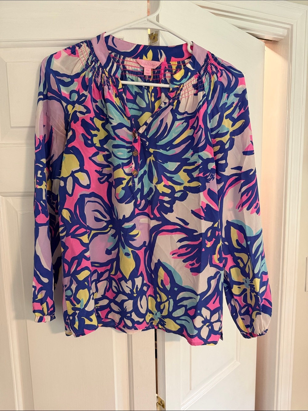 Lilly Pulitzer Multicolor Floral Peasant Blouse in Pink, Blue & Green